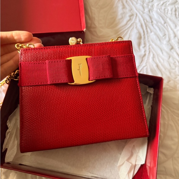 Salvatore Ferragamo Red Textured Clutch with Gold Accent - Picture 10 of 15